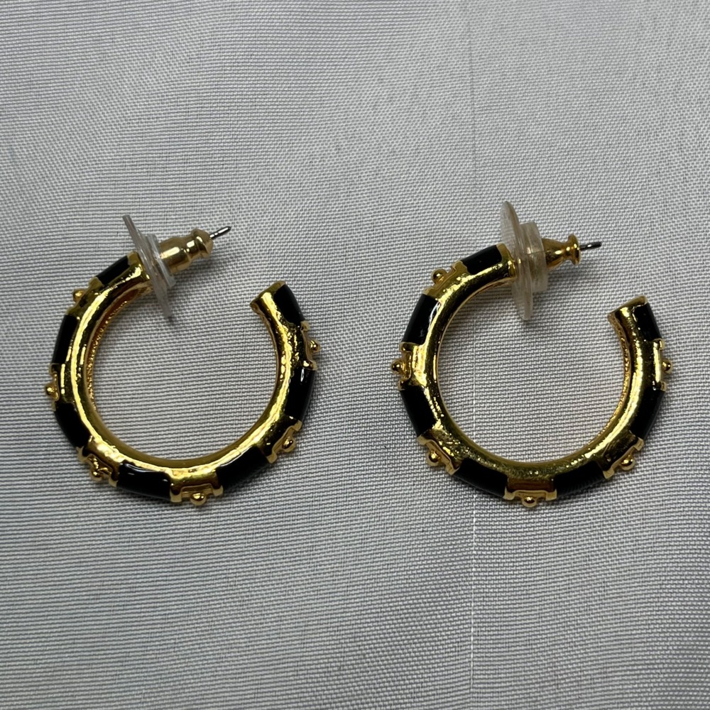 Gold Tone Black Enamel C Hoop Studded Earrings Modernist Post Back 1 Inch